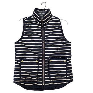 J. Crew Puffer Vest Women's Small Navy Blue White Stripe Down Filled Full Zip